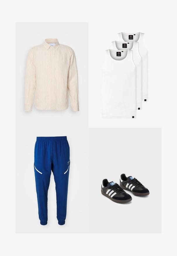 Les Deux KRISTIAN SHIRT - Krekls - ivory/baked papaya; Trīs baltas ribotas krūšturi, kas izgatavoti no kokvilnas. Iezīmēti ar apaļu kakla izgriezumu un maziem melniem etiķetēm tuvu apakšmalai. Pieejami vairākos izmēros.; Karaliski zili sporta bikses ar elastīgu jostu un rokām, baltas izliekta formas atstarotāju lentes uz augšstilbiem un nelielu baltu logotipu labajā pusē.; Melnas sporta apavas ar zamšādas un sintētisku augšdaļu, ar trim baltām svītrām, teksturētu gumijas zoli un zilu logo birku uz mēles.