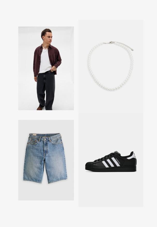 Młody mężczyzna z kręconymi włosami, ubrany w czerwoną koszulę w kratę na białym podkoszulku, czarne spodnie, z widocznymi tatuażami na szyi i rękach oraz srebrnymi pierścionkami.; Jasnoniebieskie szorty dżinsowe o klasycznym kroju. Posiadają pięć kieszeni, akcenty pomarańczowego przeszycia oraz surowe wykończenia brzegów.; Czarne sneakersy Adidas Superstar z białymi paskami, noskiem w kształcie muszli i napisem "Superstar" na boku, zaprezentowane w profilu bocznym na białym tle.; Biała perłowa naszyjnik o jednolitym, okrągłym kształcie, gładkiej powierzchni oraz metalowym zapięciu z przedłużanym łańcuszkiem dla regulowanej długości.