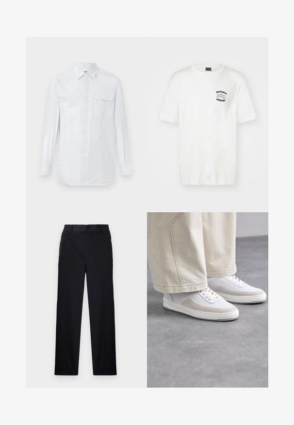 Hvit langermet skjorte med knappestolpe og subtile vertikale striper, brystlomme med knappelokk, og klassisk krage på en ensfarget bakgrunn.; Hvit bomull t-skjorte med rund hals og korte ermer. Har en svart brodert logo på venstre bryst. Glatt tekstur.; Sorte bukser med lett og teksturert stoff, rett ben-design, elastisk midjebånd og sidelommer med glidelås.; Hvite sneakers med en glatt skinnoverdel, beige semsket skinn-detaljer, flate lisser og en teksturert gummisåle, parret med lyse, vide bukser.