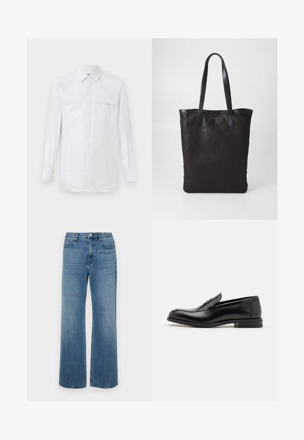 Fehér, hosszú ujjú, gombos ing, finom függőleges csíkokkal, mellzseb gombos fedéllel, és klasszikus gallérral, sima háttér előtt.; Széles lábú, koptatott kék farmernadrág. Öt zsebből, elülső gombos záródásból és egyenes szabásból áll.; Fekete bőr loaferek sima textúrával, kerek orral és dekoratív pánttal a vampnál. Alacsony, rétegelt sarkú, minimalista dizájn.; Fekete vászontáska fekete bőr füllel. Egyszerű dizájn, tágas test és sima textúra. Nincsenek látható logók vagy minták.