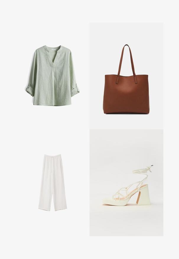 Blusa in lino verde chiaro con scollo a V, maniche lunghe arrotolate e dettagli con bottoni. Tessuto strutturato con una vestibilità rilassata.; Pantaloni a gamba larga bianchi realizzati in un tessuto leggero. Presentano una vita elastica con cordoncino e tasche laterali. Texture liscia.; Sandalo bianco con tacco alto, caratterizzato da un design a cinturini e un legaccio alla caviglia. Texture liscia con una piattaforma frontale per un'altezza aggiuntiva.; Borsa tote in pelle marrone con texture liscia, design con apertura superiore e due spallacci. Presenta cuciture minime e nessun hardware visibile.