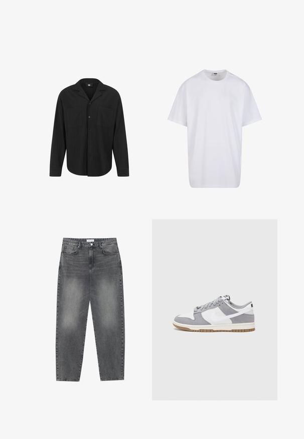 Fekete, hosszú ujjú póló, kivágott gallérral, elöl gombos záródással, két mellzsebbel és függőleges bordázott textúrával.; Fehér pamut póló rövid ujjal, kerek nyakú, laza szabású, és nincsenek látható logók vagy minták. Simább textúra és minimalista dizájn.; Magasan szabott, bővebb szabású farmernadrág fakó fekete denim anyagban. Öt zsebbel, övhurkokkal és tiszta, egyenes lábszár dizájnnal rendelkezik.; Szürke és fehér sportcipő, velúr és bőr felsőrésszel, kerek orral, lapos fűzőkkel és gumitalppal, amelyen rágógumi színű díszítés található.