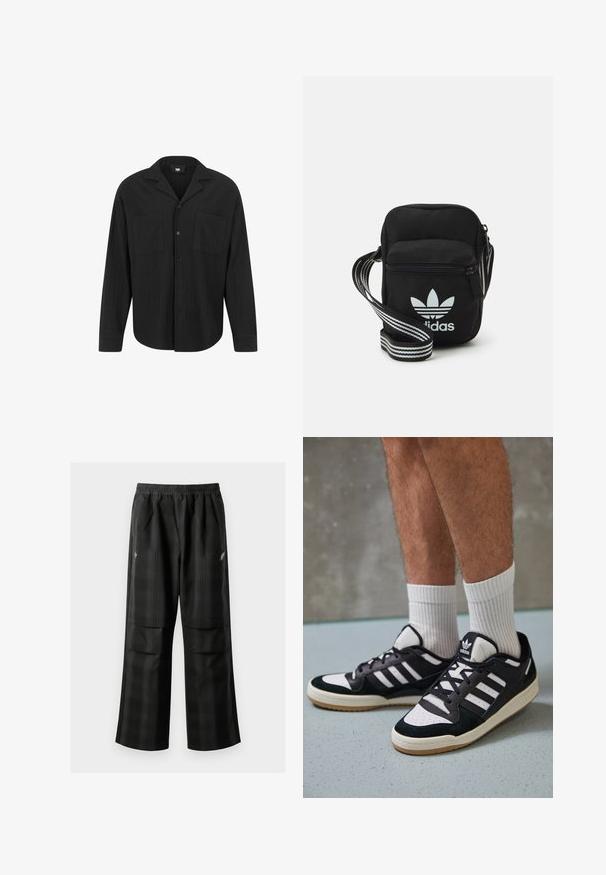 Svart langermet skjorte med notched krage, frontlukking med knapper, to brystlommer og vertikal ribbestruktur.; Svarte rutete bukser med elastisk midje, to frontlommer og løs passform med rett ben-design. Laget av lett materiale.; Sorte og hvite sneakers med overdel i semsket skinn og lær, med tre hvite striper, perforert tå og en såle av gummi.; Svart stoff crossbody veske med glidelås, med en hvit Adidas-logo og enstripet justerbar stropp for enkel bæring.
