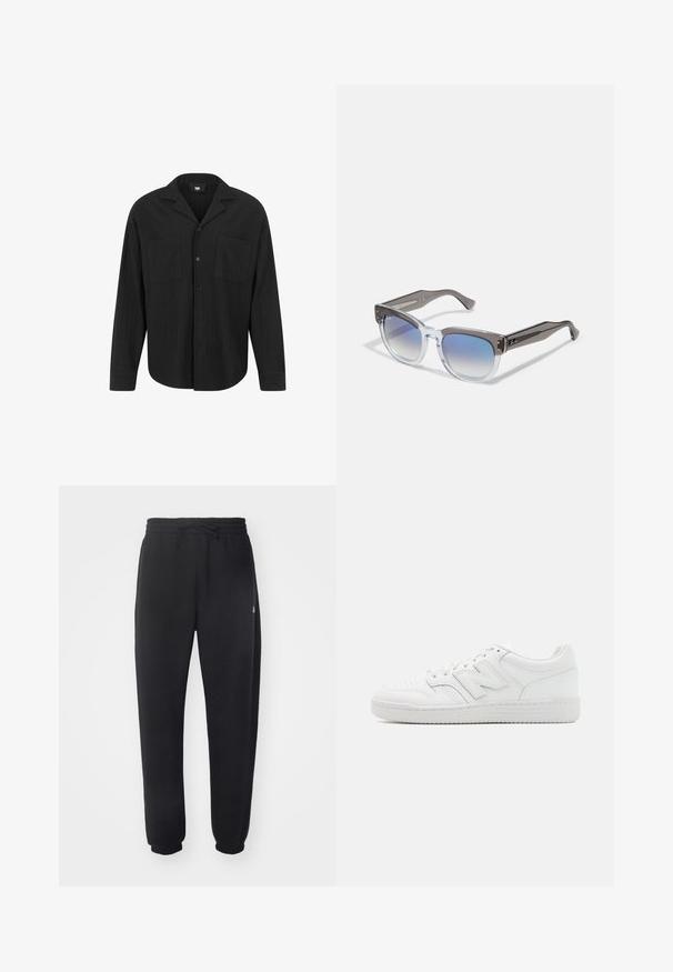 Camicia nera a maniche lunghe con colletto a punte, chiusura frontale con bottoni, due tasche sul petto e texture a righe verticali.; Pantaloni della tuta neri realizzati in materiale morbido con vita elastica, coulisse e polsini aderenti, caratterizzati da un logo sottile sul lato.; Sneaker bianco realizzato in pelle liscia, con punta perforata, suola in gomma testurizzata, lacci piatti e un prominente logo 'N' sul lato.; Occhiali da sole con montatura grigia e trasparente, forma squadrata, lenti blu sfumate e dettagli metallici sulle tempie. Materiale leggero.