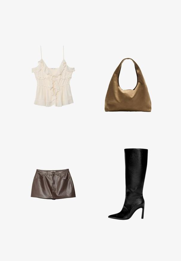 Kermittävänvärinen paita ohuilla olkaimilla, röyhelöreunoilla ja solmittavalla edustalla. Valmistettu kevyestä kankaasta, jossa on kootut vyötärö ja kerroksellinen muotoilu.; Ruskea nahkainen mini-hame, jossa on sileä pinta, vyölenkit, etutaskut ja napitus vyötäröllä.; Polvisteinen musta nahkaboot, jossa on terävä kärki, korkea stiletto-korko, sileä pinta ja yksinkertainen, tyylikäs muotoilu ilman koristeluja.; Ruskea kangaskassi, jossa on leveä, pyöristetty muoto ja suuri leikattu kahva. Pehmeä pinta, minimalistinen muotoilu ja ei näkyvää metalliosaa.