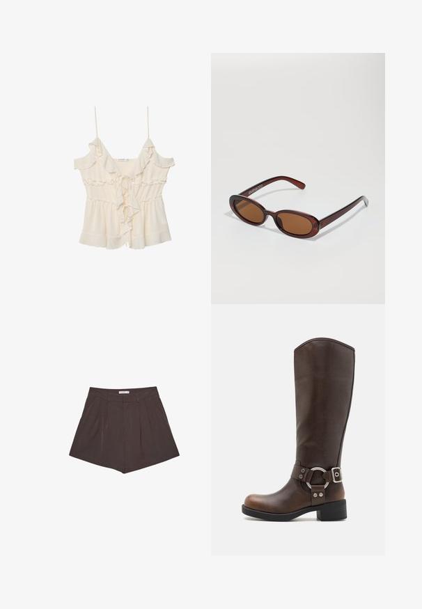 Cremefarvet bluse med tynde stropper, flæser langs kanterne og knyt foran. Lavet af letvægtsstof med smocket talje og lagdelt design.; Brune plisserede shorts med lodrette striber, der har en flad talje og en skræddersyet silhuet. Kort længde med rene sømme.; Brune læderknæhøje støvler med en rund metalhardwaredetalje og spænde. Let struktureret overdel, stablet hæl og rund tå-design.; Runde, bruntonede solbriller med en glansfuld bordeauxramme. Slanke arme med diskret brandingdetalje. Flad linsedesign.; Sort læderhåndtaske med flettede håndtag, lynlåslomme og hængende frynser. Tekstureret overflade med metalnitter og hardware-accenter.; To guld ringe vises, en tyk og rund, den anden tynd og flad. Begge har en glat, skinnende overflade med en poleret finish.