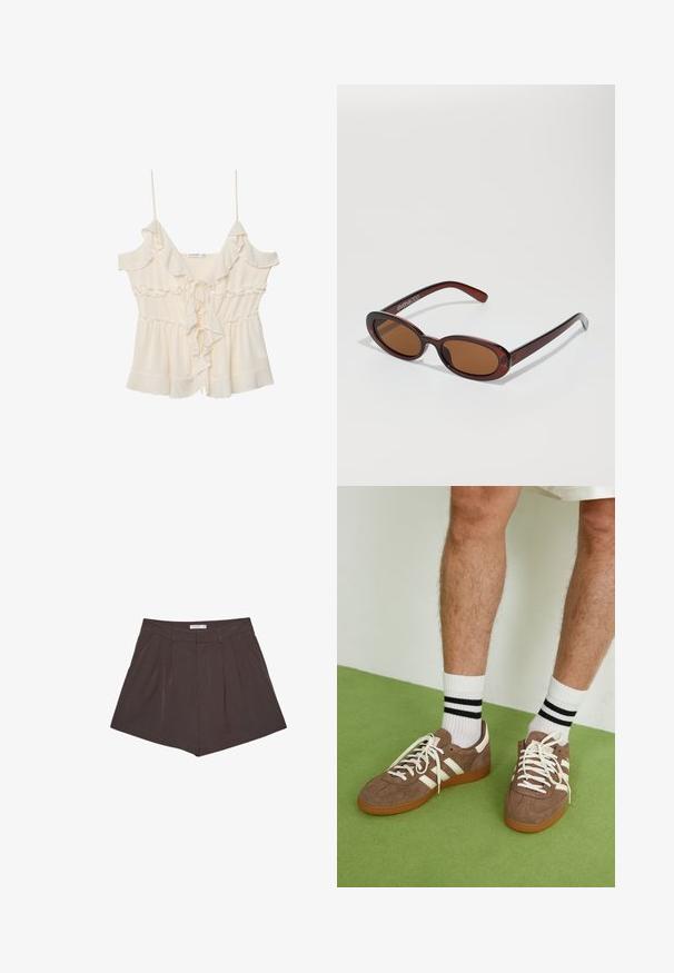 Bela bluzica s tankimi naramnicami, nabrano obrobje in zavezanim sprednjim delom. Narejena iz lahkotnega materiala z nabranim pasom in plastovitim dizajnom.; Rjave kratke hlače z naborki in vertikalnimi črtami, ki imajo ravno obleko in kroj, prilagojen postavi. Kratka dolžina z čistimi šivi.; Rjavi semiš športni čevlji z belimi detajli in vezalkami. Gumijast podplat. Nošeni z belimi nogavicami z črnimi črtami. Zelena teksturirana talna obloga.; Okrogle, rjavo obarvane sončne naočare z sijočim burgundskim okvirjem. Tanek nosilec s subtilnim logotipom. Oblika leč je ravna.; Temno rjava usnjena torbica z gladko končno obdelavo, ki se ponaša s strukturirano obliko, zlate barve okovjem in dvema ročajema s verižnim dodatkom.