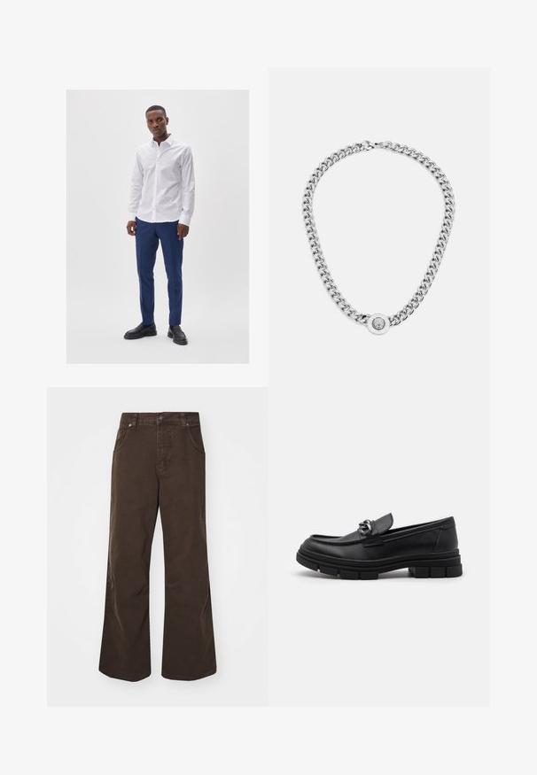 Valge kraega särk nööpide kinnituse ja siniste pükstega. Mudel kannab musti loafereid. Sile kangas ja hästi sobiv lõige.; Pruuni laiad püksid, mis on valmistatud puuvillast, kõrge veejoone, ees olevate taskute ja sileda tekstuuriga. Viimistlus sisaldab peeneid õmblusdetailide.; Must hästnahkade läiked, millel on ümar nina, dekoratiivne rihm ja hõbedased detailid ning paks tekstureeritud talla. Sile viimistlus koos peente detailidega.; Hõbedane kettkaelakee, millel on paksud lingid ja keskel keeruka detailidega ümmargune ripats. Sile, peegeldav metallpind.