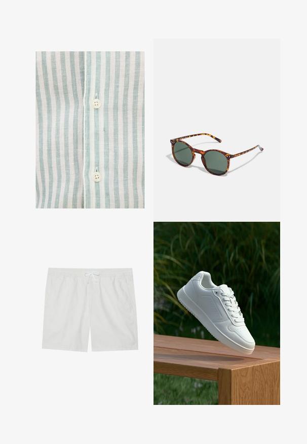 Koszula w paski z jasnoniebieskimi i białymi pionowymi paskami, wykonana z lekkiego materiału, z widocznym białym guzikiem i przeszyciami.; Białe bawełniane szorty z elastycznym paskiem i sznurkiem, z dwiema bocznymi kieszeniami i prostymi liniami, oferujące minimalistyczny design.; Biały sneaker z gładką syntetyczną cholewą, perforowanym noskiem, płaskimi sznurowadłami i teksturowaną podeszwą, wyeksponowany na drewnianej powierzchni.; Okrągłe okulary przeciwsłoneczne w wzór żółwi, z zielonymi szkłami i cienkimi oprawkami. Udoskonalone metalowymi detalami i teksturowanymi zausznikami.