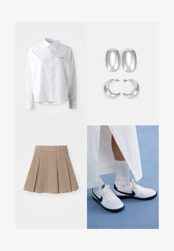 Biela košeľa na gombíky s svetlomodrými vertikálnymi prúžkami, s špicatým golierom a malým modrým logom na ľavej hrudi. Bavlnený materiál, voľný strih.; Béžová plisovaná sukňa vyrobená z texturovanej tkaniny. Má pás s pútkami na opasok a logo nášivku na prednej ľavej strane.; Biele Nike tenisky s čiernymi akcentmi, s hladkým koženým zvrškom, bielymi šnúrkami a pevnými gumovými podrážkami, spárované s bielymi rebrovanými ponožkami.; Súprava strieborných náušníc: dva oválne pecky a dva polkruhové kruhy, s lesklým, hladkým povrchom a zaobleným tvarom.