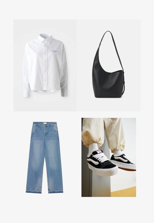 Hvit skjorte med lyseblå vertikale striper, spiss krage og en liten blå logo på venstre bryst. Laget av bomull, avslappet passform.; Lys blå høyt liv vid ben jeans med knappelukking, frontlommer, beltehemper og subtile falmede detaljer.; Sorte og hvite semskede sneakers med flate hvite snørebånd, teksturerte gummisåler og sidestroppedesign. Brukt med kremfargede tapered bukser.; Svart lær hobo-veske med glatt tekstur, buet form og enkelt justerbart stropp; har en bred åpning på toppen.