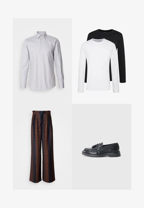 Lichtgrijze langärmbloes met een button-down kraag, gemaakt van geweven stof, met een klassieke pasvorm en witte knopen aan de voorkant.; Twee longsleeves, één zwart en één wit, gemaakt van katoen met ronde hals en een gladde textuur, gepresenteerd in een gestapelde opstelling.; Zwarte wijde broek in donkerblauwe stof met een ingewikkeld oranje geometrisch patroon, met een geplooide voorkant en een aansluitende tailleband.; Zwarte leren instappers met een ronde neus, een band met kwastjes en een chunky zool met een loopvlak. Glad oppervlak en een klassiek ontwerp.