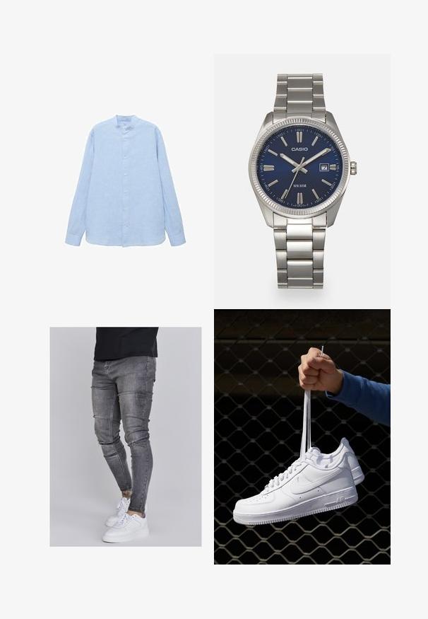 Mango MAO COLLAR - Overhemd - light blue; Skinny jeans in vervaagd grijs denim, met versleten details op de knieën, gecombineerd met witte sneakers. Gladde textuur, slank model.; Witte leren sneakers met perforaties, ronde neus, vlakke zool en dikke veters, met een zichtbare swoosh-logo en "AIR" op de hiel.; Zilveren roestvrijstalen horloge met een marineblauwe wijzerplaat, metalen uurmarkeringen en een datumnis op 3 uur. Waterbestendig tot 50 meter.