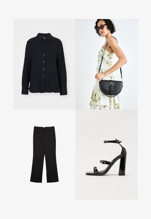 Gina Tricot Bluza z gumbi - black; Črne hlače ravnega kroja z naglavnimi žepi in stranskimi razporki na robu. Narejene iz mehke, gladke tkanine. Primerne za različne priložnosti.; Črne lakaste sandale z visokimi petami, z dvema trakovoma z zaponkama, kvadratnim sprednjim delom in masivno širšo peto, z gladko, sijočo teksturo.; Črna usnjena torbica s ukrivljeno obliko, z odstranljivo naramnico in zlatimi dodatki. Torbica ima pokrov s podrobnostmi v obliki zaponke.