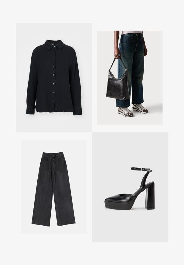 Gina Tricot Blusa - black; Jeans de mezclilla negros de pierna ancha con cintura alta, diseño clásico de cinco bolsillos y un ligero desvanecimiento. Tejido duradero con una textura suave.; Zapatos de tacón negro con punta afilada y correa ajustable en el tobillo. Confeccionados en cuero suave, presentan un tacón grueso.; Bolso de hombro de cuero negro con una textura suave y correa ajustable, combinado con jeans de pierna ancha desgatados y zapatillas deportivas.