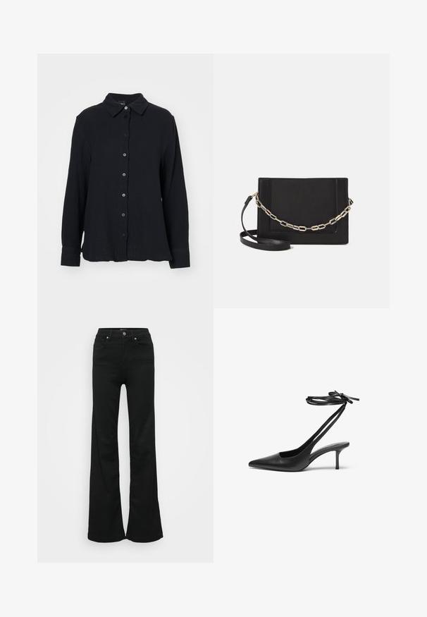 Gina Tricot Pogājama blūze - black; Melnas flared džinsas, izgatavoti no denima, ar augstu jostasvietu, piecām kabatām un metāla pogu aizdari. Gluda tekstūra ar minimālu apdari.; Melnas ādas stiletto kurpes ar norādītu purngalu, atvērtu aizmuguri un potītes siksniņām, kas sasietas neglītajā mezglā. Šaurs 3 collu papēdis. Gluda tekstūra, minimālisma dizains.; Melna ādas crossbody soma ar gludu faktūru, taisnstūrveida formu un metalizētu ķēdes detaļu priekšā. Iekļauta regulējama siksna.