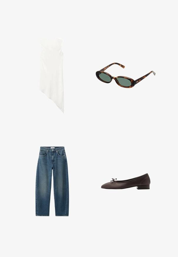 Abito bianco senza maniche con scollo rotondo e un orlo asimmetrico che si drappeggia a punta su un lato.; Jeans in denim blu scuro con gamba dritta, design a cinque tasche e chiusura con bottone classica. Texture morbida con leggera scoloritura.; Ballerina in pelle marrone con punta arrotondata e tacco a blocco piccolo. Presenta un sottile fiocco sul davanti e dettagli di cucitura discreti.; Occhiali da sole tartarugati con montatura ovale e lenti verdi. Presentano aste sottili con un accento metallico vicino alle cerniere.; Borsa a tracolla gialla intrecciata con manico curvo e forma non strutturata. La superficie testurizzata presenta un motivo a incrocio.