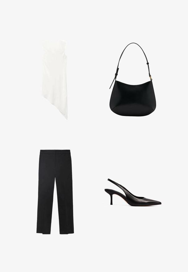 Ärmelloses weißes Kleid mit Rundhalsausschnitt und asymmetrischem Saum, der auf einer Seite zu einem Punkt drapiert.; Schwarze Hosen aus glattem Stoff, mit geradem Bein Design, Fronttaschen und einem flachen Taillenbund ohne sichtbare Hardware oder Verzierungen.; NA-KD Pumps - black; Schwarze Ledertasche mit schmalem Design, geschwungener Form und verstellbarem Griff. Verfügt über minimale Nähte und ein schlichtes Design.