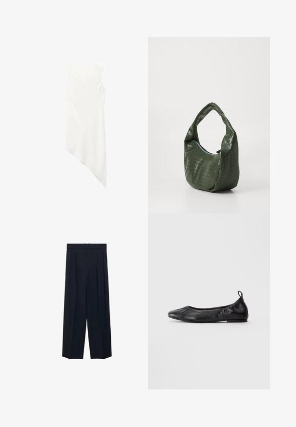 Vestido blanco sin mangas con escote redondo y un dobladillo asimétrico que cae en punta por un lado.; Pantalones de pierna ancha en color navy con pliegues frontales, cintura plana y sin hardware visible. Fabricados con una tela suave de textura sutil.; Bailarinas de cuero negro con punta redondeada, lados elásticos fruncidos y una pestaña para tirar en el talón, mostradas sobre un fondo claro.; Bolso de cuero trenzado verde con un asa curvada y cierre de cremallera. Presenta una superficie texturizada y con patrón, además de una forma suave y flexible.
