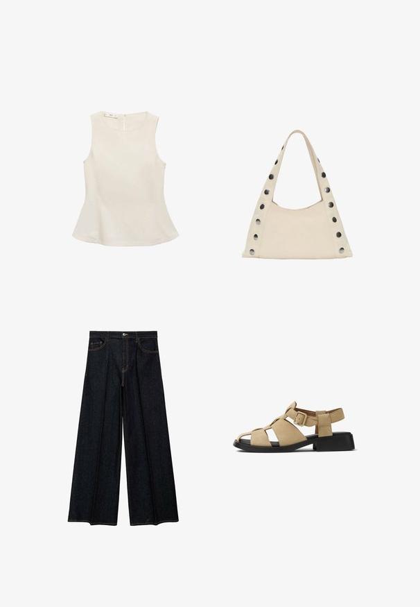 Jasnobeżowy bezrękawnik z okrągłym dekoltem, delikatnym rozkloszowaniem u dołu i dyskretnym zamkiem błyskawicznym z tyłu. Miękka tkanina, minimalistyczny design.; Jeansy o szerokich nogawkach w ciemnym denimu, z wysokim stanem, kieszeniami z przodu i kontrastowym stębnowaniem. Gładka tekstura z dopasowanym wykończeniem.; Beżowe zamszowe sandały z otwartym noskiem i bocznymi wycięciami. Posiadają zapięcie na klamrę oraz masywny czarny obcas dla zwiększenia stabilności.; PULL&BEAR - Torba na zakupy