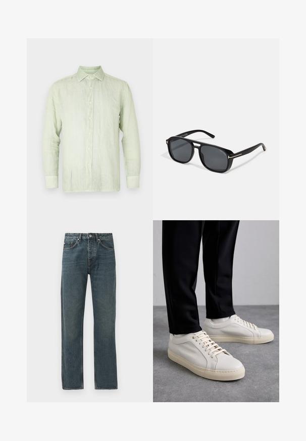 Ljusgrön linsskjorta med långa ärmar, knappframsida och spetsig krage. Har krämfärgade knappar och en avspänd passform. Slät textur.; Mörkblå denimjeans med rak bendesign, som har fem fickor, knappstängning och kontrasterande sömnadsdetaljer.; Ljust beige läder sneakers med platta snören, en strukturerad yta och en kontrasterande gummisula i krämfärg, parat med svarta avsmalnande byxor.; Svarta fyrkantiga solglasögon med gråa linser, som har eleganta gulddetaljer på bågarna och en matt finish för en modern look.
