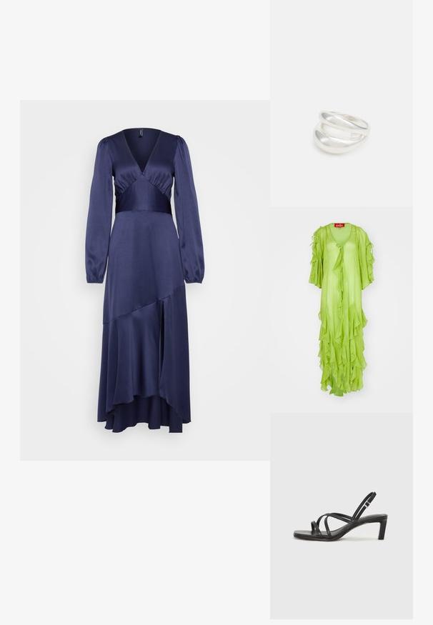 Dolga obleka limetno zelene barve z nabranimi detajli, V-izrezom in širokimi rokavi, z vezanjem spredaj. Lahka, tekoča tkanina.; Midi obleka iz satena v mornarsko modri barvi z dolgimi napihnjenimi rokavi, globokim V-izrezom in obliko krila v plastih, ki vključuje visoko-nizko obrobo.; Črne natikače s trakovi in kvadratnim prstom ter nizkim blokastim peto. Imajo več tankih trakov in nastavljiv trak okoli gležnja. Narejene so iz gladkega usnja.; Črna usnjena torba čez ramo z gladko teksturo, pravokotno obliko in kovinskim verižnim detajlom spredaj. Vključena je nastavljiva naramnica.; Srebrn dvojni prstan z gladko, polirano površino. Ima tekoč, ukrivljen dizajn z prekrivajočimi se sekcijami za sodoben videz.