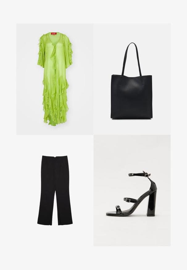 Długa sukienka w kolorze limonkowym z falbaniastymi detalami, dekoltem w serek i szerokimi rękawami, z wiązaniem z przodu. Lekki, zwiewny materiał.; Czarne spodnie o prostym kroju, z przednimi kieszeniami i bocznymi rozcięciami na dole. Wykonane z miękkiego, gładkiego materiału. Odpowiednie na różne okazje.; Czarne lakierowane sandały na obcasie z kwadratowym noskiem, z paskami wokół kostki i srebrnymi klamrami. Posiadają masywny słupek dla stabilności.; Czarna skórzana torba tote o gładkiej fakturze, prostokątnym kształcie i dwóch długich uchwytach. Brak widocznych elementów metalowych i ozdób.