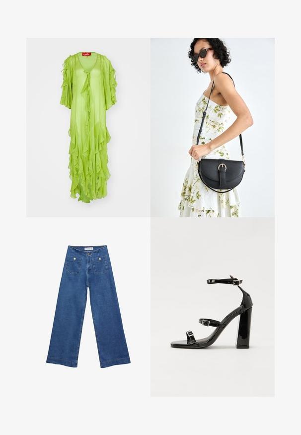 Lime green long dress with ruffled details, V-neck, and wide sleeves, featuring a tie closure at the front. Lightweight, flowing fabric.; Denim wide-leg jeans with a medium blue wash, two front pockets with button closures, and stitched detailing along the hems.; Black patent high-heeled sandals with two buckle straps, square toe, and a chunky block heel, featuring a smooth, glossy texture.; Black leather handbag with a curved shape, detachable strap, and gold hardware. The bag features a flap with a buckle detail.