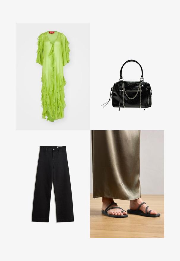 Lime green long dress with ruffled details, V-neck, and wide sleeves, featuring a tie closure at the front. Lightweight, flowing fabric.; Black wide-leg denim pants with a high waist, featuring front and back pockets, stitched seams, and a button closure. Smooth texture.; Black rubber flip-flops with two thin straps, featuring a single toe loop. Positioned on a wooden floor next to a satin olive green skirt.; Bershka WITH CHAIN - Handbag - black