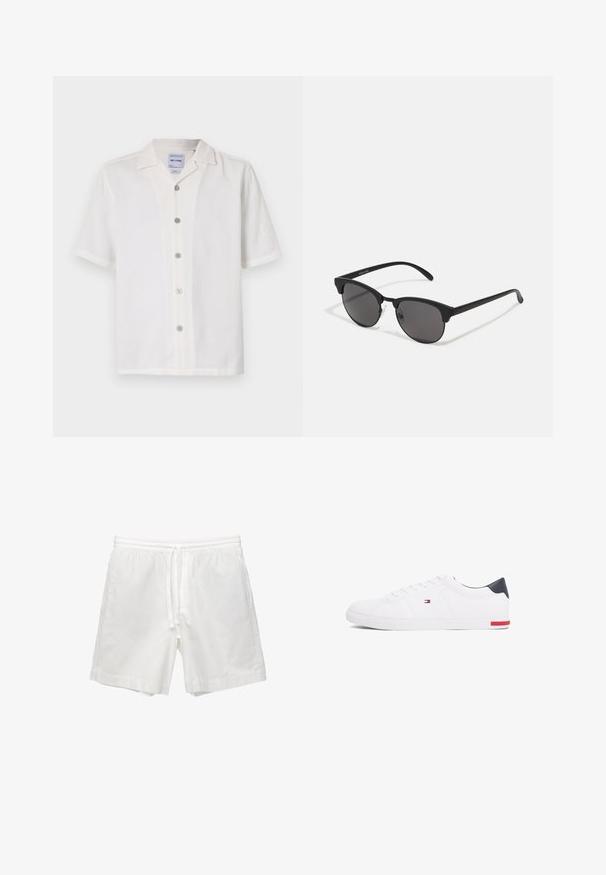 Biała koszula z krótkim rękawem, wykonana z teksturowanej tkaniny, z wyciętym kołnierzykiem i sześcioma guzikami z przodu. Posiada czysty, prosty design.; Białe bawełniane szorty z elastycznym pasem w talii ze sznurkiem, bocznymi kieszeniami oraz prostym krojem z wykończonymi brzegami.; Białe niskie tenisówki wykonane z gładkiej skóry. Posiadają granatowy zapiętek i czerwony akcent na podeszwie. Sześć oczek na sznurowadła.; Czarne okulary przeciwsłoneczne z okrągłymi soczewkami, matowym wykończeniem i charakterystycznym kształtem kota. Smukłe ramiona z subtelnym logo na lewym skroniu.