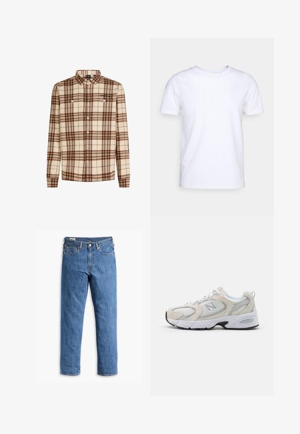 Mīkstā audumā izgatavota pārbaudeņu krekls bežā un brūnā krāsā, ar garām piedurknēm, pogu aizdari un divām krūšu kabatām.; Balts īsām piedurknēm T-krekls no kokvilnas auduma ar apaļu kakla izgriezumu. Vienkāršs dizains bez rakstiem vai akcentiem. Gluda tekstūra.; Zilā džinsu bikses ar taisnu kāju griezumu, vara kniedēm un piecu kabatu dizainu. Iespējojums ar šūtu apakšmalu un klasisku jostu ar jostu cilpām.; Sporta apavi ar gaiši pelēku sietu augšējo daļu un zamša akcents, baltiem šņorēm un melnu gumijas zoli. Ievērojamas ABZORB amortizācijas detaļas.