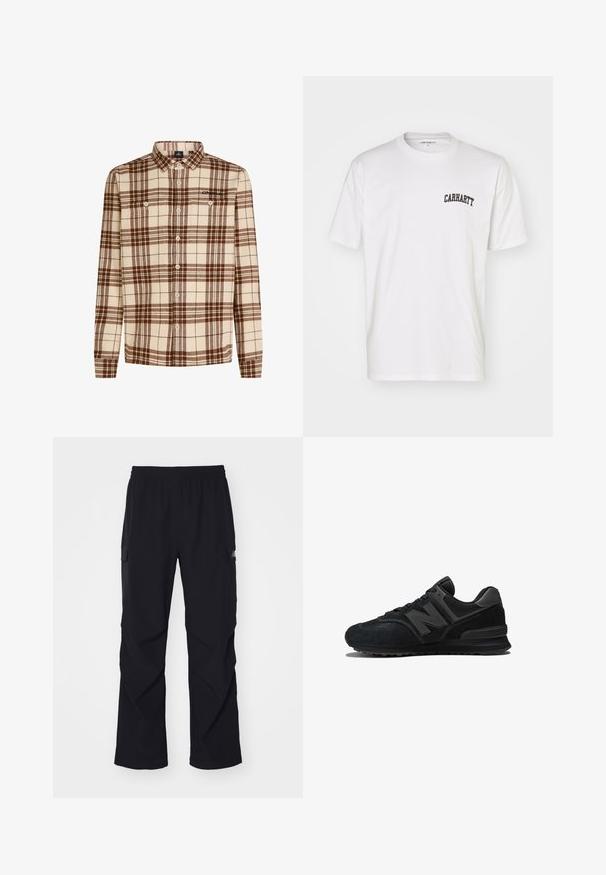 Kariertes Hemd aus weichem Stoff in Beige- und Brauntönen, mit langen Ärmeln, einer Knopfleiste und zwei Brusttaschen.; Weißes Baumwoll-T-Shirt mit kurzen Ärmeln und Rundhalsausschnitt. Mit einem schwarzen "Carhartt"-Logo, das auf der oberen linken Brustseite aufgedruckt ist.; Schwarze Cargo-Hosen aus leichtem Material, mit einem Elastikbund, seitlichen Taschen und einem geraden Beinschnitt.; Schwarzer Sneaker mit einem Obermaterial aus Wildleder und Mesh, dicker Sohle und auffälligem 'N'-Logo an der Seite. Strukturiertes Design mit Schnürverschluss.