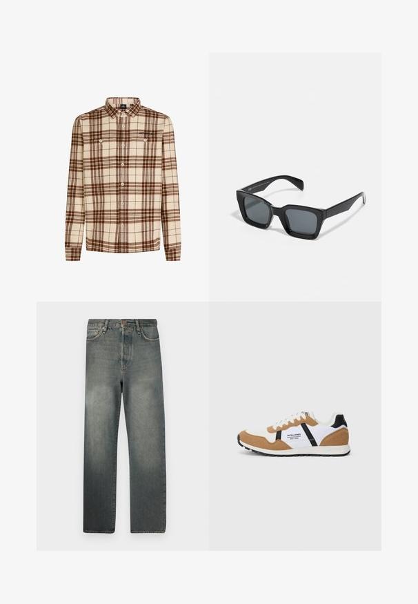 Pehmeast kangast valmistatud ruuduline särk beeži ja pruuni tooni, millel on pikad varrukad, nööbid ees ja kaks rinna-taskut.; Jack & Jones JJIALEX JJCOOPER - Baggy fit teksad - black denim; Retro-stiilis tenniset, valge ja pruuni nubukiga, mustade aktsentidega, valgete paeltega ning külgedel "Jack & Jones EST. 1990" logo.; Mustad ristkülikukujulised prillid tumedate läätsedega. Plastist raam, millel on läikiv viimistlus, laia sillaga ja veidi kitsenevad käepidemed.