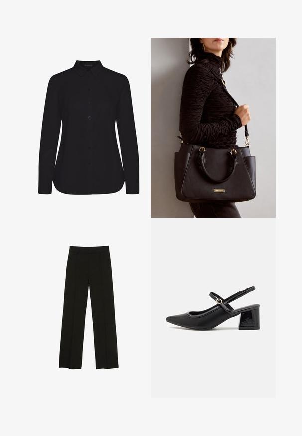 Crna košulja dugih rukava od glatkog materijala, s kragnom, prednjim dugmadi i ravnim rubom.; Crne široke hlače izrađene od glatkog materijala, s uskim pojasom i suptilnim prednjim naborima za dodatnu teksturu.; Crne lakirane slingback visoke potpetice s šiljastim vrhom, zaobljenim izrezom i blok potpeticom. Sadrži akcent zlatnog tona s kopčom.; Crna torba s teksturiranom površinom, dvostrukim gornjim ručkama i podesivom remenom za rame. Ima zlatne metalne detalje i bočne džepove.