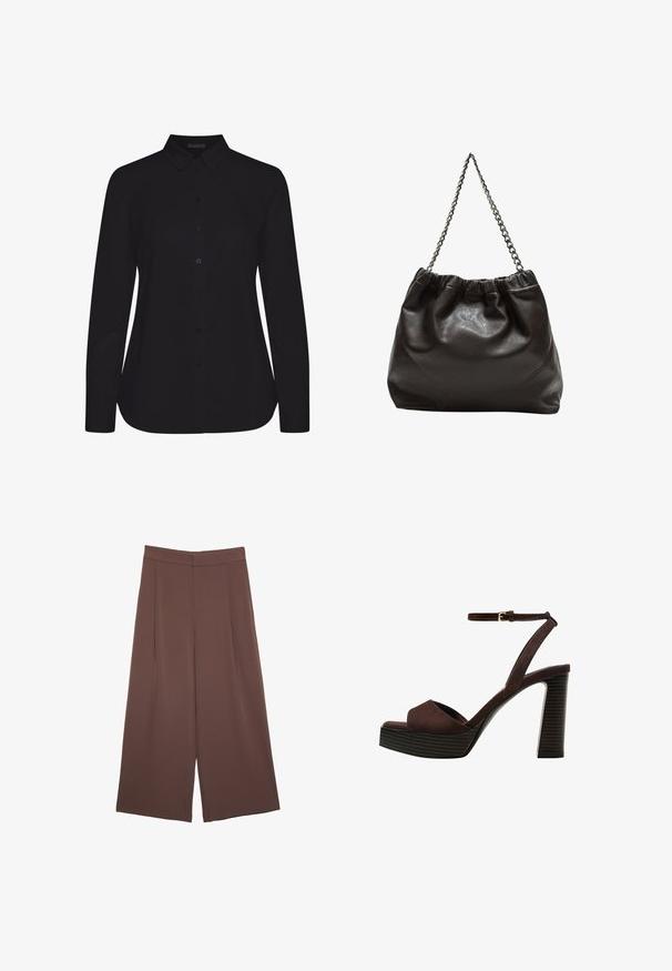 Čierna dlhá košeľa s dlhým rukávom vyrobená z hladkej látky, s golierom, zapínaním na gombíky vpredu a rovnou spodnou časťou.; Hnedé nohavice so širokými nohavicami a hladkou textúrou, s vysokým pásom a prednými skladmi. Tkanina je ľahká a voľne sa pohybuje.; Hnedé semišové sandále na vysokom podpätku s otvorenou špičkou, nastaviteľným členkovým remienkom a pruhovanou platformovou podrážkou.; Hnedá kožená taška so zberaným vrchom a reťazovým popruhom. Hladký povrch s lesklým finišom a jemným švom po stranách.