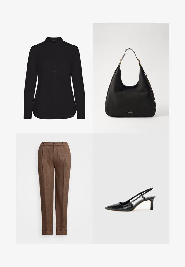 Črna dolgih rokavov srajca iz gladkega blaga, z ovratnikom, sprednjim gumbom in ravnim robom.; Svetlo rjave karirane hlače s prilagojeno prilegajočo obliko, ki vključujejo nabiranje, gumbasto zapiranje in manšete na dnu. Teksturičen material z oranžnimi poudarki.; Črne lakaste slingback pete s koničastim nosom, ki imajo teksturiran vzorec kačje kože, nastavljiv trak in kratek teksturiran blok peto.; MICHAEL Michael Kors NOLITA HOBO  - Torbica - black