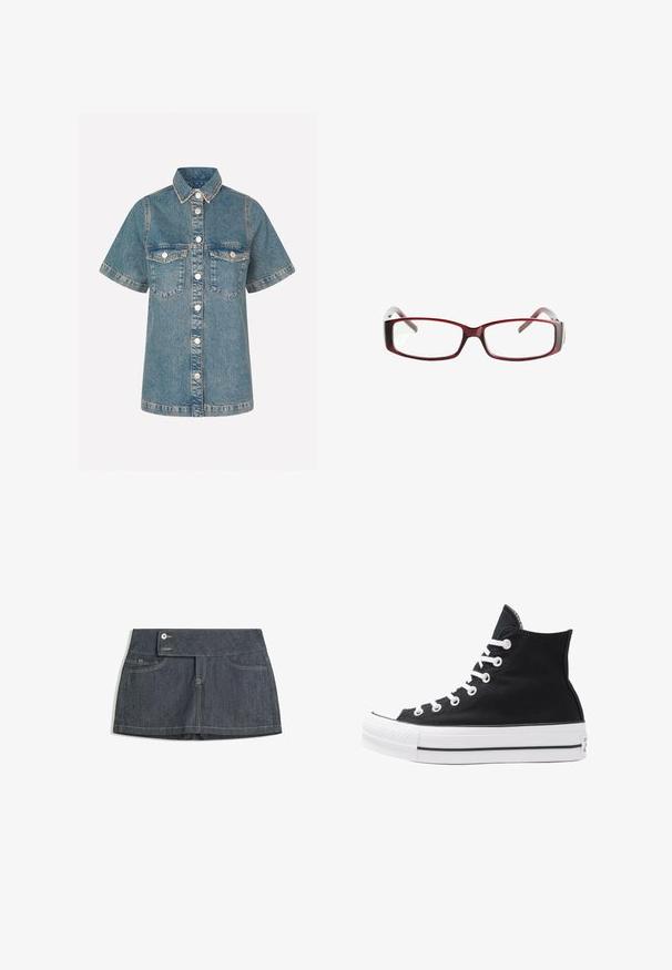 Jeansskjorta i ljusblått med korta ärmar, knapplås framtill, två bröstfickor och kontrasterande sömmar. Klassisk kragsdesign.; Mörk denimkjol med hög midja, med två framfickor, knäppning med knapp och kontrasterande sömmar längs kanterna.; Svart hög sneakers i canvas med vita ögla, snören och gummisulor. Har en texturerad tåskydd och svartvita randiga detaljer.; Röda rektangulära glasögon med en elegant design. Klara linser, något genomskinliga skalmar och en gradienteffekt från röd till grå.; Svart vävd läderhandväska med en avslappnad design, som har en knuten rem och en liten dekorativ guldfärgad nitar högst upp.; Silverfärgade metallörhängen med en vågig, skulptural design som har en polerad yta och oregelbundna former, vilket framhäver en samtida estetik.