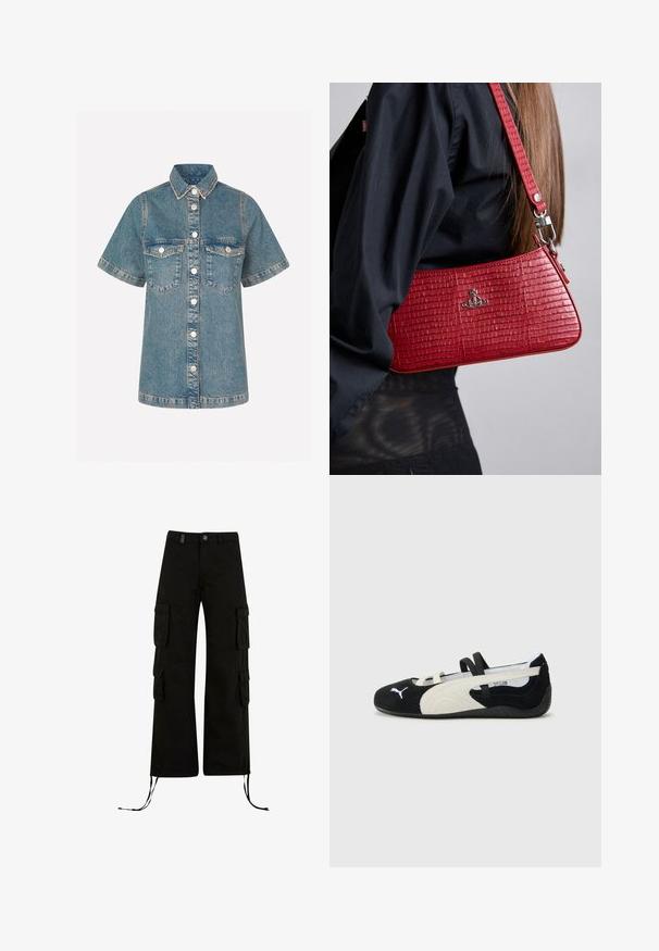 Helleblaue Jeanshemd mit kurzen Ärmeln, Knopfleiste, zwei Brusttaschen und Kontrastnaht. Klassiker Kragenform.; Weißes T-Shirt mit kurzen Ärmeln und Rundhalsausschnitt, aus Baumwollmaterial gefertigt, mit taillierter Silhouette und einem schwarzen Markenlabel im Kragen.; Schwarze Cargo-Hosen mit einer lockeren Passform, ausgestattet mit Cargo-Taschen an den Seiten, Kordelzügen am Saum und einem Knopfverschluss an der Taille.; Schwarzer und cremiger, ultraleichter Schuh mit einem Obermaterial aus Wildleder, flacher Sohle, elastischen Riemen und einem kleinen Logo an der Zehe.; Rote Handtasche mit Krokodilprägung in einer schlanken, dreieckigen Form und einem abnehmbaren Tragegurt, ausgestattet mit silbernem Beschlag und einem Logo-Detail.