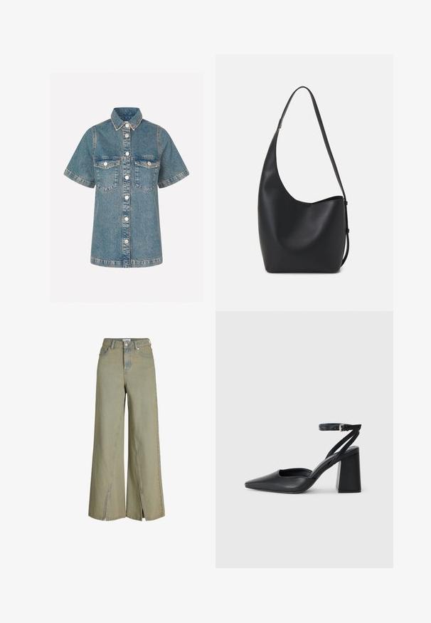 Camicia di jeans azzurro chiaro a maniche corte, con chiusura a bottoni sul davanti, due tasche sul petto e cuciture a contrasto. Design del colletto classico.; Jeans larghi verde chiaro in denim, con vita alta, fessure laterali e dettagli delle tasche classici.; Pump in pelle nera con punta affusolata, cinturino alla caviglia e tacco spesso. Texture piatta, design elegante ed estetica minimalista.; Borsa hobo nera in pelle con una superficie liscia, forma curvata e una singola tracolla regolabile; presenta un'ampia apertura nella parte superiore.