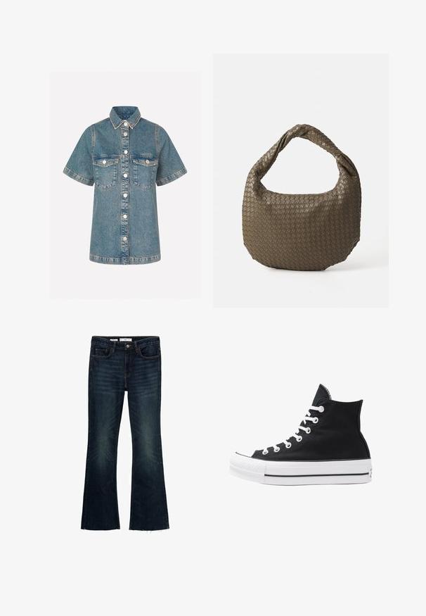 Denim srajca v svetlo modri barvi s kratkimi rokavi, z gumbi spredaj, z dvema žepoma na prsih in kontrastnim šivanjem. Klasična oblika ovratnika.; Raztegnjene temno modre kavbojke iz jeansa z zbledelimi detajli, petimi žepi in surovim robom. Narejene so iz bombaža, z gumbom in zankami za pas.; Visoke črne platnene superge z belimi režami, vezalkami in gumijastim podplatom. Ponašajo se z teksturiranim zaščitnikom za prste in črno-belimi črtami.; Tkanina olivno zelena torba z okroglo obliko in zvitim ročajem. Tekstura površine vsebuje diagonalni vzorec. Zadrga za zapiranje.; Srebrni kovinski uhani z valovitim, skulpturalnim dizajnom, ki se ponašajo s poliranim zaključkom in nerednimi oblikami, kar poudarja sodobno estetiko.