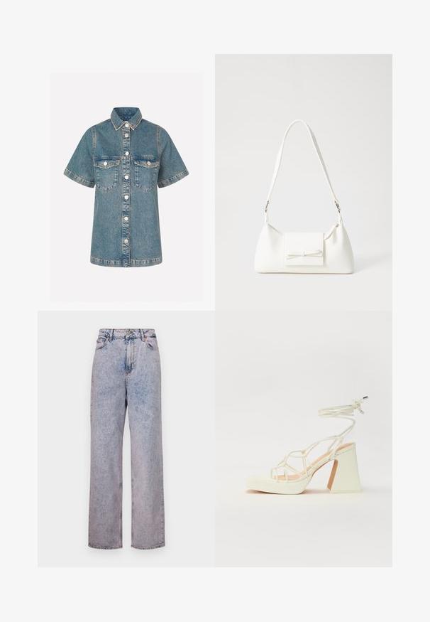 Helleblaue Jeanshemd mit kurzen Ärmeln, Knopfleiste, zwei Brusttaschen und Kontrastnaht. Klassiker Kragenform.; Hellblaue Jeans aus Denim mit einem entspannten, geraden Schnitt, hoher Taille, fünf Taschen und bronzenen Knopfdetails.; Weiße High-Heel-Sandale mit einem klobigen Absatz, die über ein Riemchendesign und ein Knöchelband verfügt. Glatte Textur mit einer Plattform vorne für zusätzliche Höhe.; Weiße synthetische Handtasche in dreieckiger Form, flache Vorderklappe und Schleifendetail, verstellbarer Trageriemen, glatte Textur und minimalistisches Design.