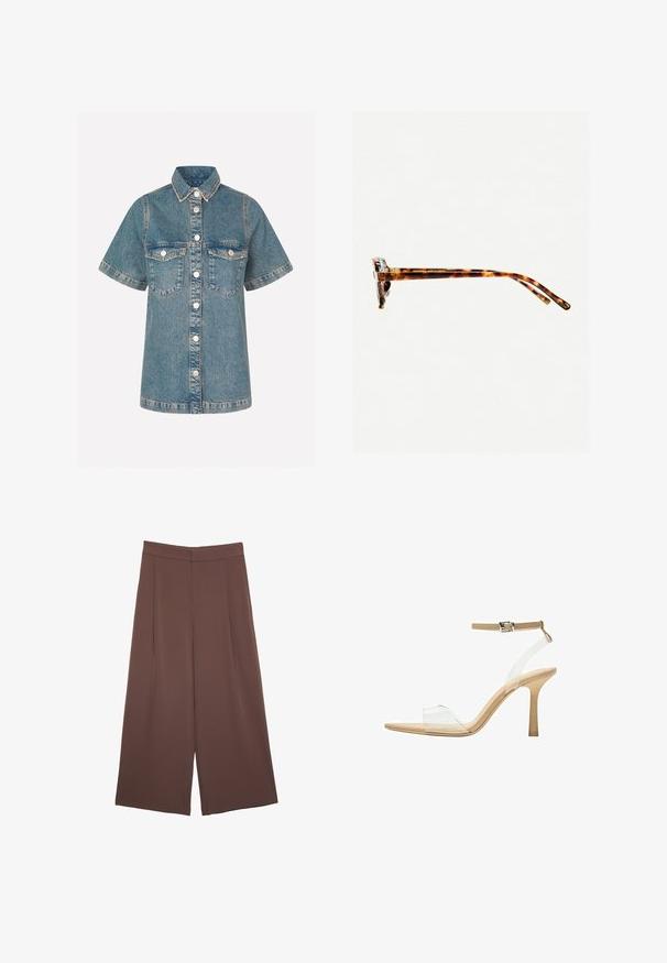 Denimová košile ve světlé modré barvě s krátkými rukávy, zapínáním na knoflíky vpředu, dvěma náprsními kapsami a kontrastním prošitím. Klasický design límce.; Hnědé široké kalhoty s hladkou texturou, vysokým pasem a předními záhyby. Materiál je lehký a volně splývá.; Průhledná sandálová obuv s průhledným svrškem, béžovou stélkou a štíhlým páskem kolem kotníku. Má špičatou špičku a tenký vysoký podpatek.; Sluneční brýle v želvovinovém designu s tlustým rámem, mírně zakřivenými spánky a hladkým povrchem. Klasický design s lesklým finišem.