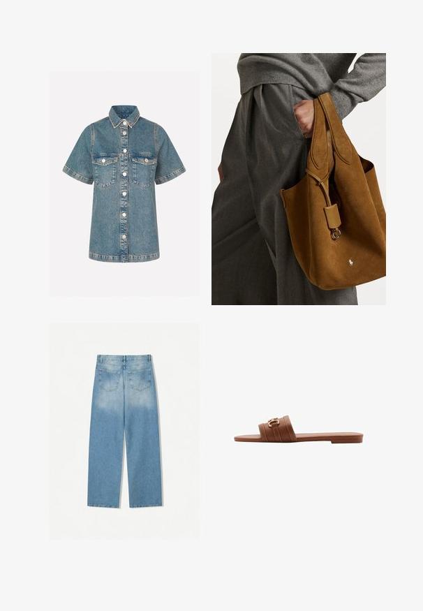 Lynblå denimskjorte med korteærmer, knaplukning foran, to brystlommer og kontrastsyninger. Klassisk kravedesign.; Lysblå denimjeans med lige ben-design, som har to baglommer og en falmet tekstur i de øverste sektioner.; Brun lædersandaler med to brede remme, der har dekorativ syning og en guldfarvet spænde accent. Flad såldesign.; Brun ruskind totebag med rund form, dobbelte håndtag og metalhardware detaljer. Har et lille logo foran.