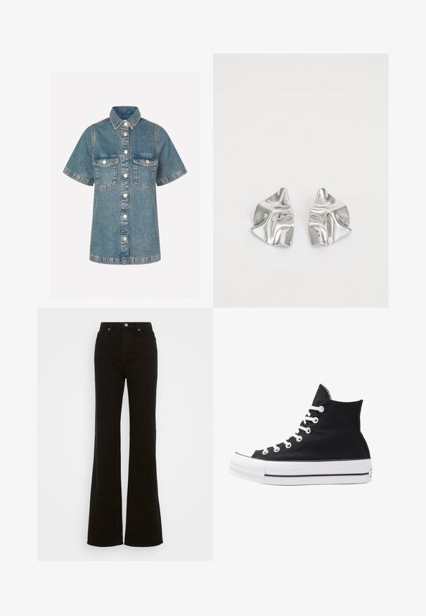 Világoskék farmering rövid ujjakkal, gombos elülső résszel, két mellzsebbel és kontrasztos varrással. Klasszikus galléros dizájn.; Magas derekú fekete trapéz farmer, gombos záródással, oldalsó zsebekkel és sima textúrával.; Fekete vászon magas szárú sneaker, fehér fűzőkkel és gumitalppal. Texturált orr-rész és fekete-fehér csíkos kiegészítők jellemzik.; Ezüst fém fülbevalók hullámos, szobrászati kialakítással, fényes felülettel és szabálytalan formákkal, amelyek a kortárs esztétikát hangsúlyozzák.