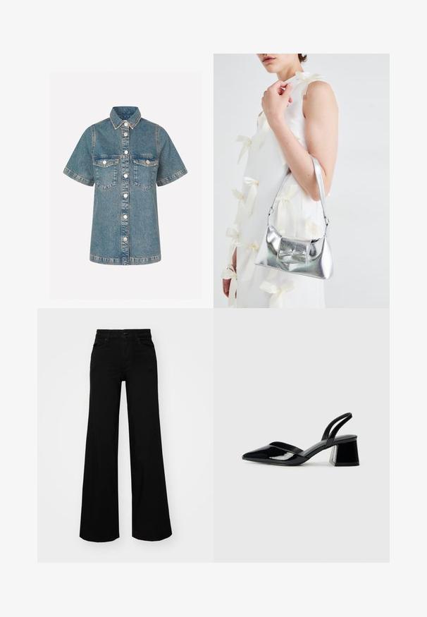 Denim shirt in light blue with short sleeves, button-up front, two chest pockets, and contrast stitching. Classic collar design.; Black wide-leg pants made of denim, featuring a structured waistband, belt loops, and front pockets. Smooth texture with a classic design.; Black patent leather slingback heels with a pointed toe and a geometric block heel. Features a sleek, minimal design and smooth texture.; Silver metallic handbag with a structured shape, featuring a top handle and bow detail on the front. Smooth texture, reflective finish.