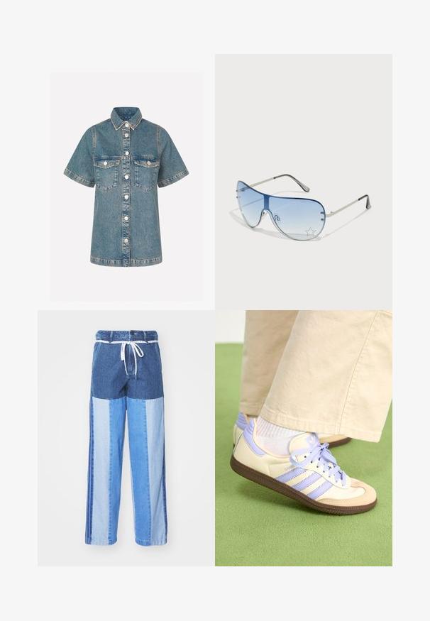 Cămașă din denim de culoare albastră deschisă, cu mâneci scurte, închidere cu nasturi în față, două buzunare pe piept și cusături contrastante. Design clasic al gulerului.; Pantaloni din denim albastru cu un design pe patchwork în nuanțe variate de albastru, cu talie cu șnur și picioare largi, cu croială dreaptă.; Adidași crem și lavandă cu trei dungi și o talpă texturată maro, având șireturi și un călcâi căptușit. Superior din material moale.; Ochelari de soare aviator cu lentilă gradient albastră, ramă metalică argintie și accente decorative sub formă de stele pe lentilă. Design neted și elegant.