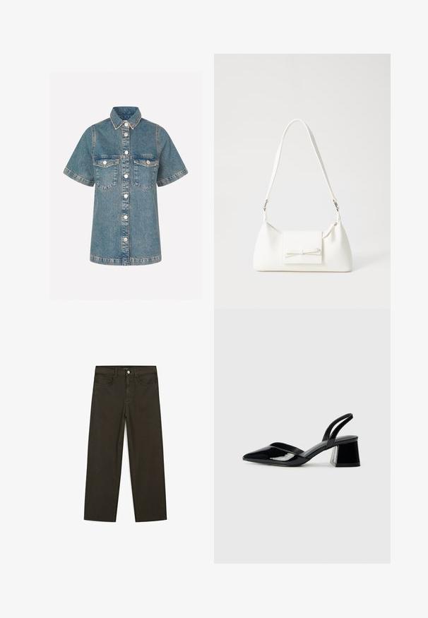 Denim shirt in light blue with short sleeves, button-up front, two chest pockets, and contrast stitching. Classic collar design.; Dark green wide-leg jeans made of cotton blend, featuring a front button closure, five pockets, and classic denim stitching.; Black patent leather slingback heels with a pointed toe and a geometric block heel. Features a sleek, minimal design and smooth texture.; White synthetic handbag with a triangular shape, flat front flap and bow detail, adjustable strap, smooth texture, and minimalistic design.