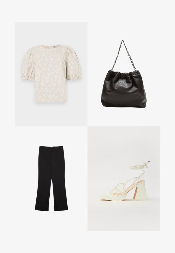Béžová květinová blůza s nabíranými rukávy, texturovanou látkou, jemným leskem a kulatým výstřihem. Obsahuje malé bílé květinové vzory po celé ploše.; Černé kalhoty s rovným střihem, s předními kapsami a bočními rozparky na lemu. Vyrobené z jemné, hladké tkaniny. Vhodné na různé příležitosti.; Bílé sandály na vysokém podpatku s robustním podpatkem, s designem s pásky a zavazováním kolem kotníku. Hladký povrch s platformou vpředu pro zvýšení výšky.; Hnědá kožená taška se sbíraným vrškem a řetízkovým popruhem. Hladký povrch s lesklým finišem a jemným švem na bocích.
