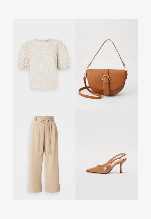 Beige blomstrete bluse med puffede ermer, teksturert stoff, subtil glans og rund halsutskjæring. Har små hvite blomstermønstre overalt.; Beige vide bukser med belte i midjen, laget av teksturert stoff. Har en frontfold og en jevn finish langs kanten.; Spiss tå slingback hæl i et glat, glinsende brunt materiale. Har et buet utskårent design og en slank stilett hæl. Sølvspenne detalj.; Brun lærcrossbody-veske med en buet form, gullhardware og et spenneakcent. Har en avtakbar skulderreim.
