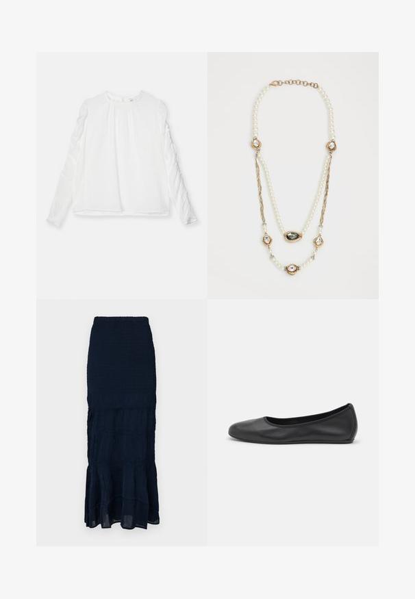 White long-sleeve top with a round neckline and gathered detailing on sleeves. Made of lightweight fabric with a flowing fit.; Navy blue, smocked midi skirt with a tiered, ruffled hem and textured fabric. Elastic waistband for adjustable fit.; Black leather ballet flat with a rounded toe, smooth texture, minimal stitching detail, and a flexible sole design.; Pearl necklace featuring gold accents with three gem-encrusted settings and a braided chain section. Color palette includes white and gold.